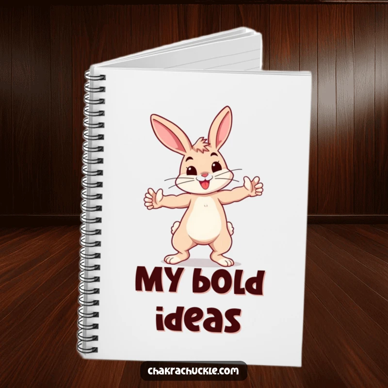 Funny bouncing bunny practicing a playful warrior pose, arms outstretched, on the cover of a notebook.