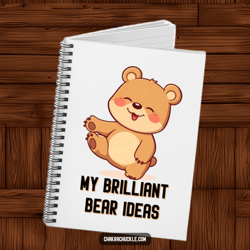 Funny notebook cover with a giggling bear balancing on one paw in a whimsical and playful twist design.