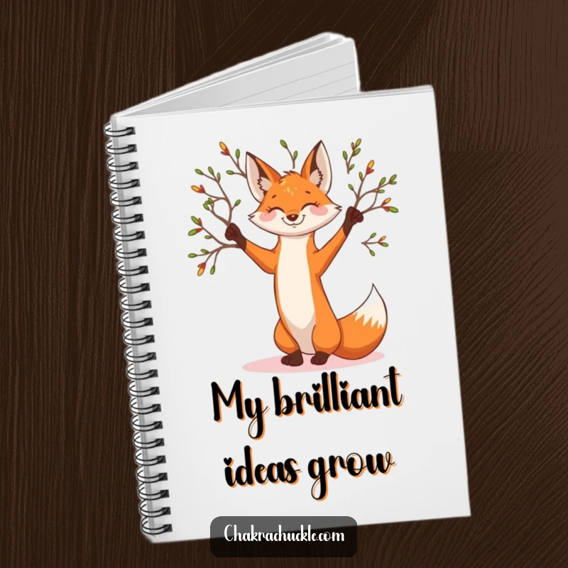 Funny smiling fox notebook in a graceful tree pose, branches reaching out, ideal for nature journaling.