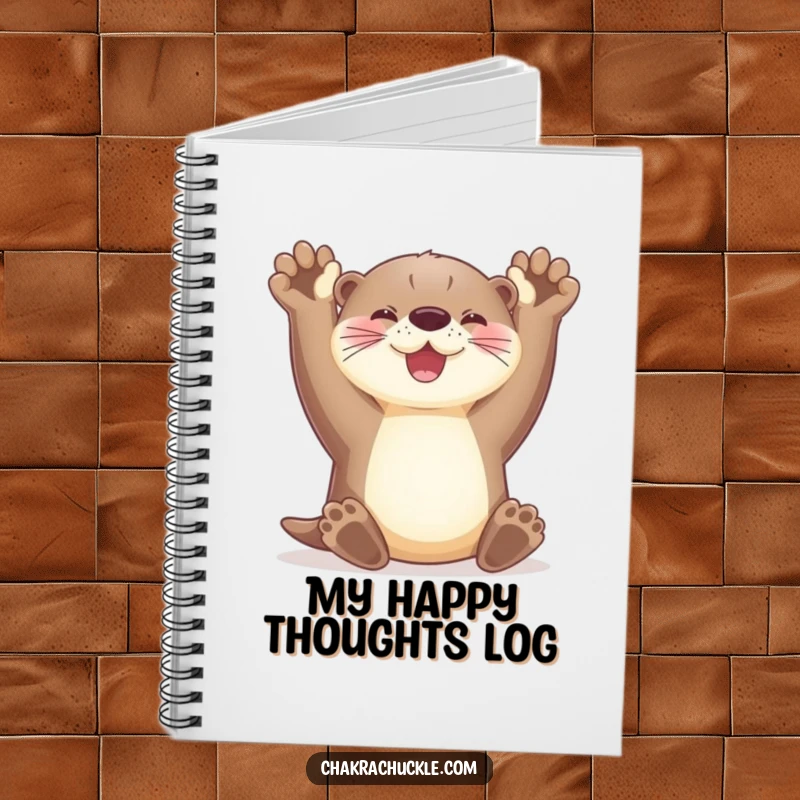 Funny otter notebook stretching its paws upwards with a radiant smile, ideal for joyful and humorous note-taking.