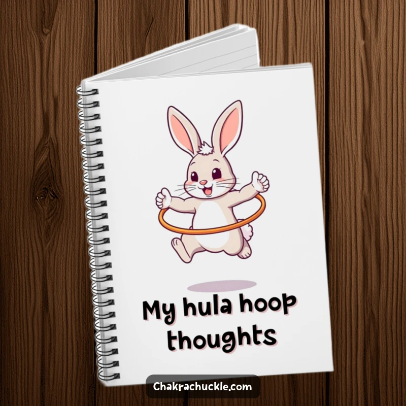 Funny notebook cover featuring a determined bouncy bunny performing a warrior pose while leaping through a hula hoop, full of spirit.