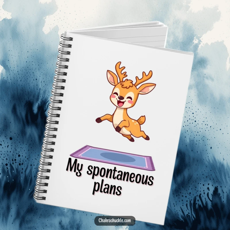Funny Kawaii Deer Yoga Notebook with a cute deer leaping joyfully over a yoga mat, perfect for journaling or notes, a humorous gift.