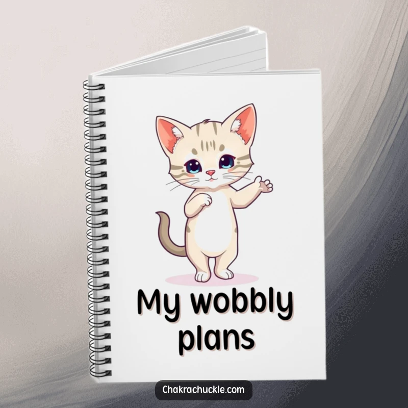 Funny Kitten Yoga Notebook with a wobbly cat in Tree Pose, perfect for notes and doodles.