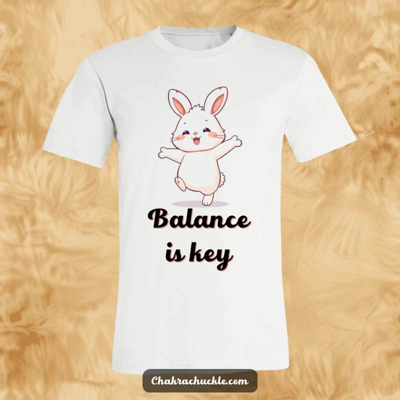 Funny Rabbit Balance T-Shirt: Fluffy rabbit character performing a funny one-paw balance with arms wide.