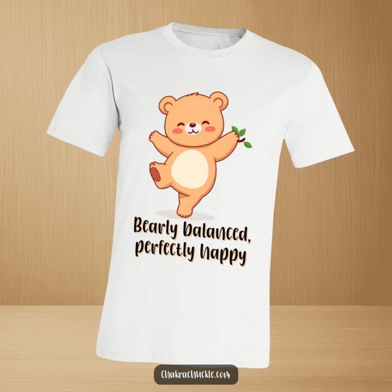 Funny Kawaii Bear Yoga T-Shirt with a giggling bear balancing perfectly on one leg in a tree pose, a great humorous gift.