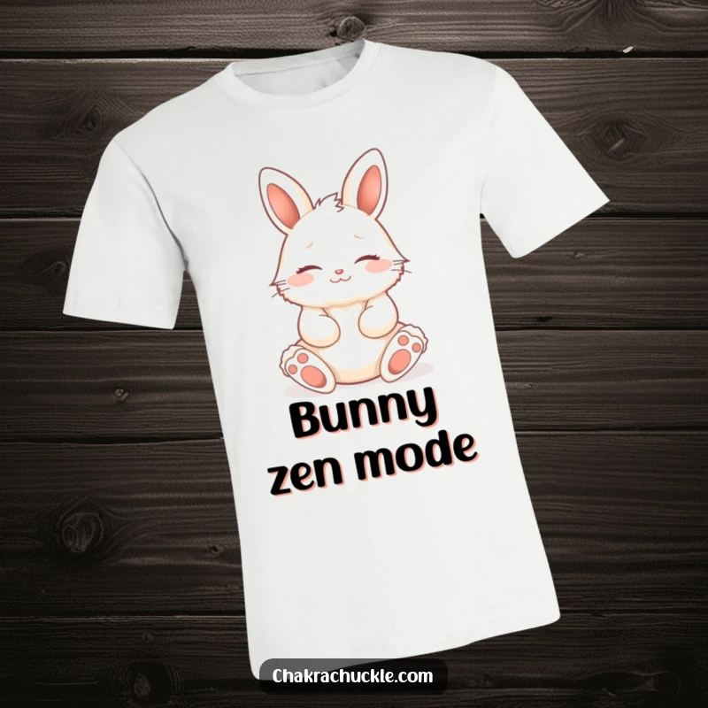 Funny fluffy bunny in a seated lotus pose, eyes closed, radiating peace, a humorous and serene graphic tee.