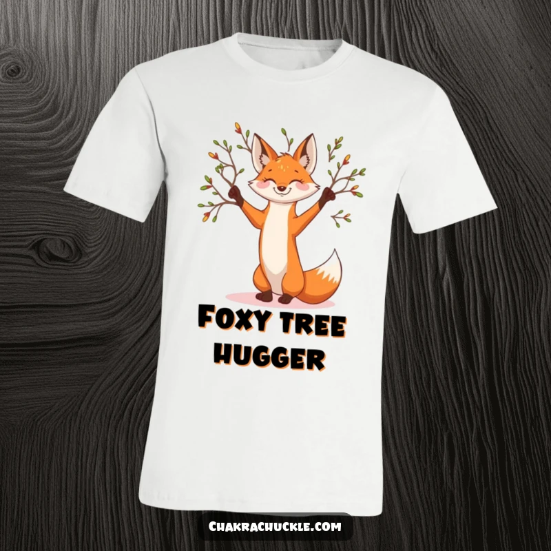 Funny smiling fox t-shirt in a serene tree pose, branches extending outwards, showcasing woodland tranquility.
