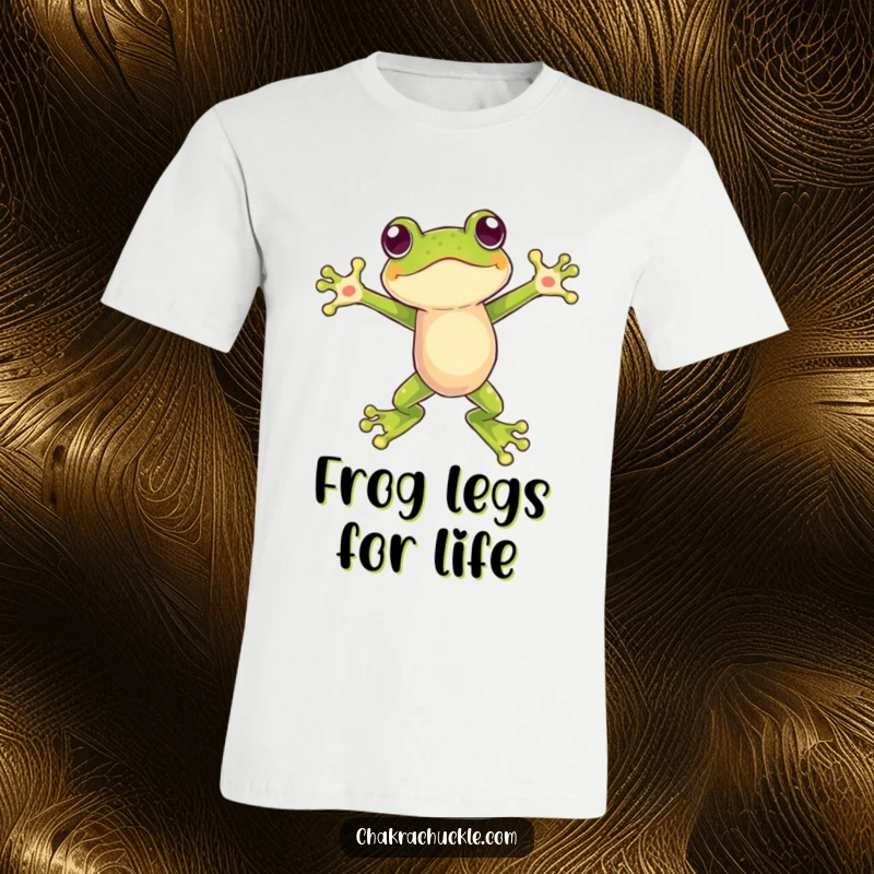 Funny t-shirt depicting a frog in a dramatic leap, arms outstretched in a balanced, enthusiastic pose, full of life.