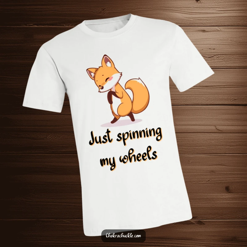 Funny fox t-shirt showcasing a curious fox mid-chase, captured in a humorous pretzel yoga pose, radiating pure fun.