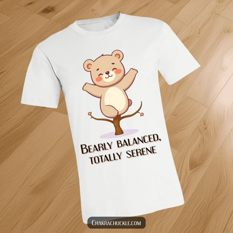 Funny kawaii bear t-shirt, giggling bear in a perfect tree pose, showcasing playful balance and joyful spirit.