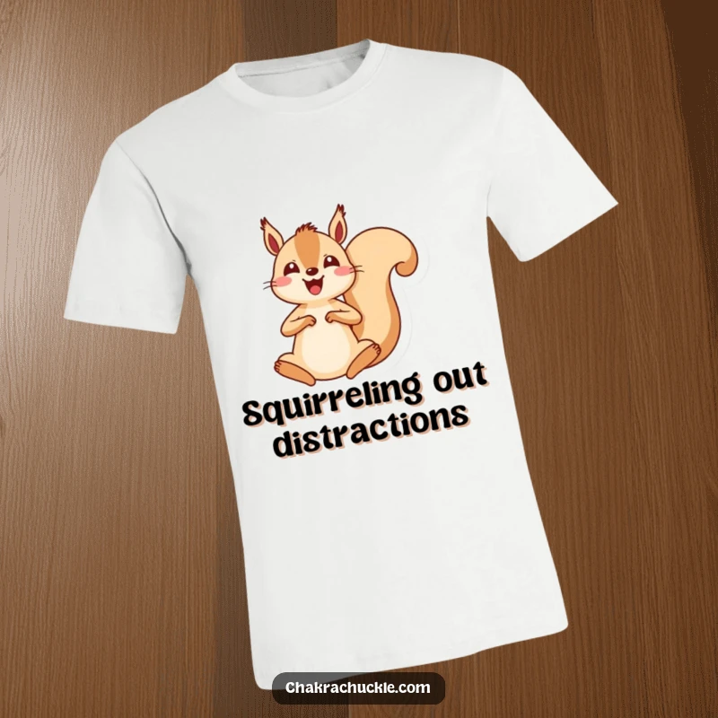 Funny kawaii squirrel t-shirt, an energetic squirrel leaping into a seated meditation pose, symbolizing joyful stillness.