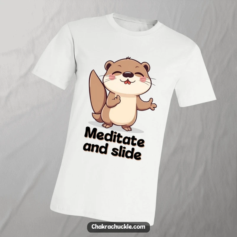 Funny Otter Meditation T-Shirt: Cheerful otter character lunging forward in an energetic meditation pose.