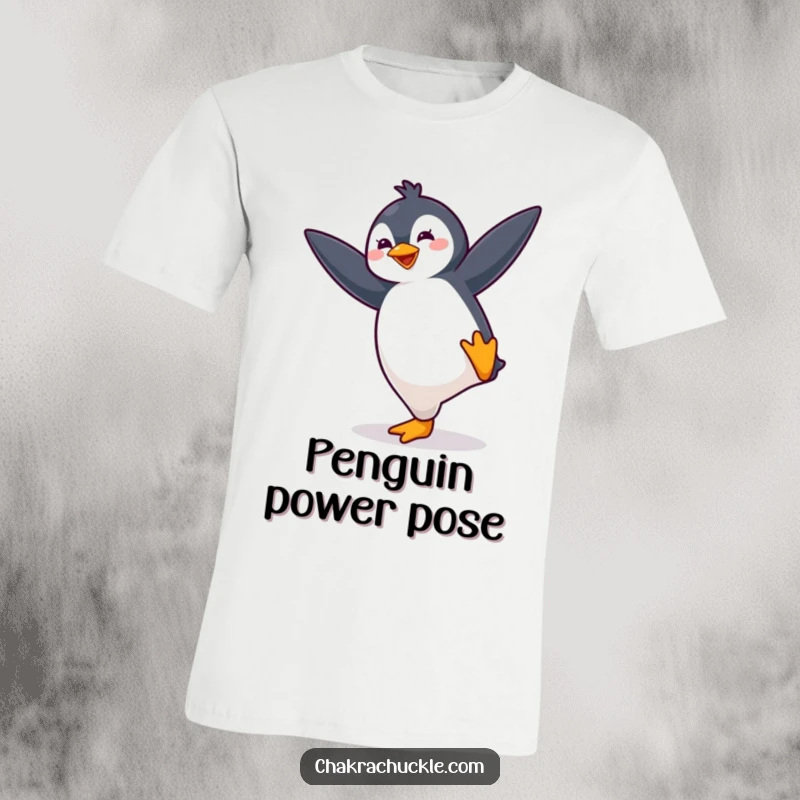 Funny kawaii penguin t-shirt showing a cute, bouncing penguin energetically striking a yoga balance pose, full of playful spirit.