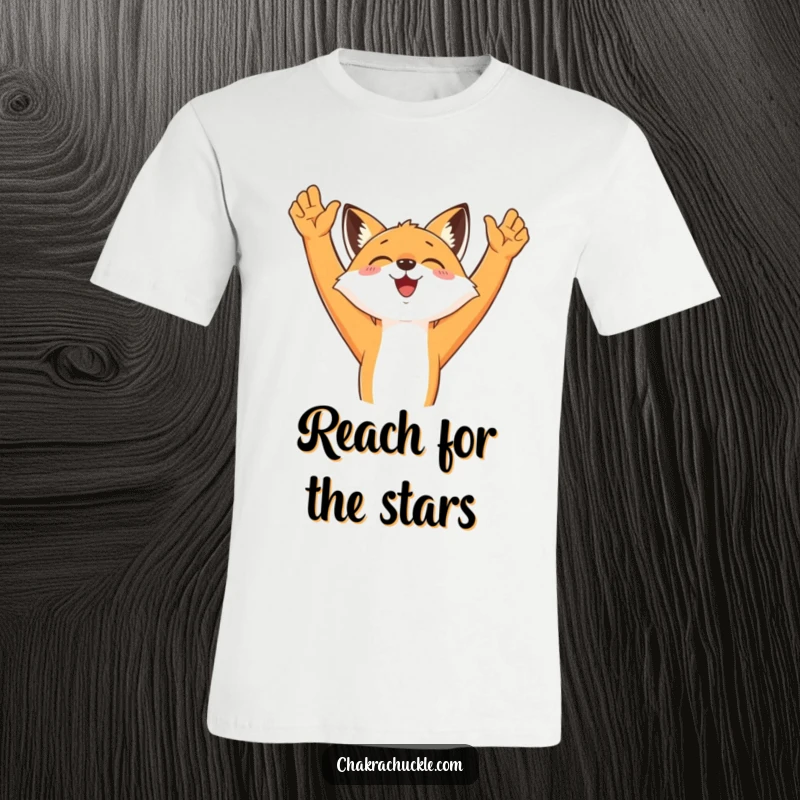 Funny Stretching Fox T-Shirt featuring a joyful fox reaching its arms upwards, embodying morning energy and happiness.