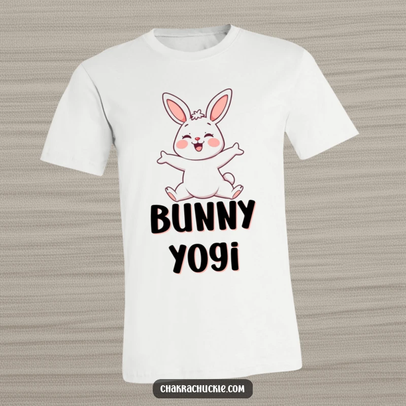 Funny Yoga Bunny T-Shirt, a smiling kawaii bunny happily stretching in a downward-facing dog pose.