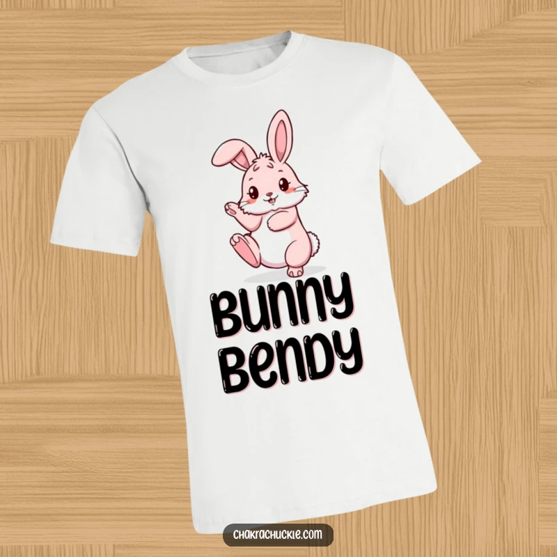 Funny fluffy pink bunny t-shirt striking a pretzel pose with one leg elegantly raised, embodying yoga fun.