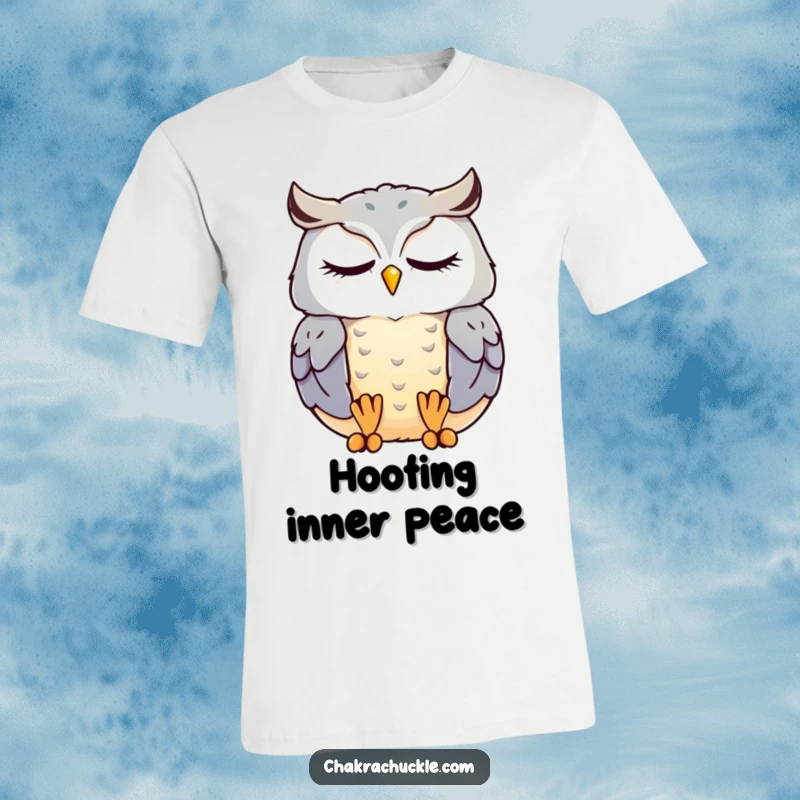 Funny kawaii owl t-shirt showing a cute, contented owl meditating with eyes closed, radiating serene humor.