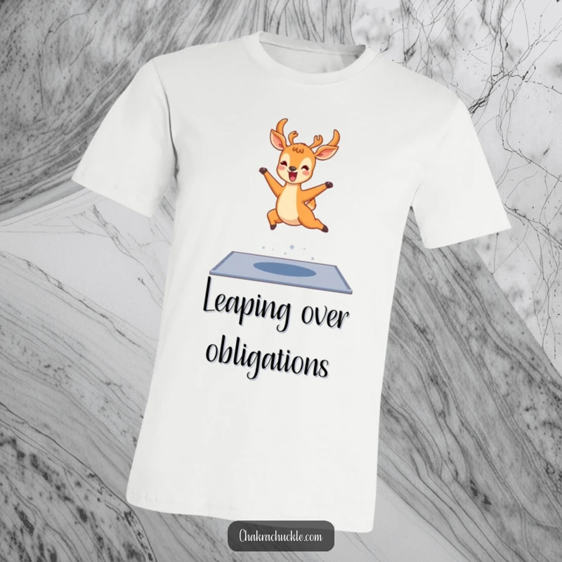 Funny kawaii deer t-shirt, a delighted deer leaping over a yoga mat with joyful abandon, embodying playful spirit.