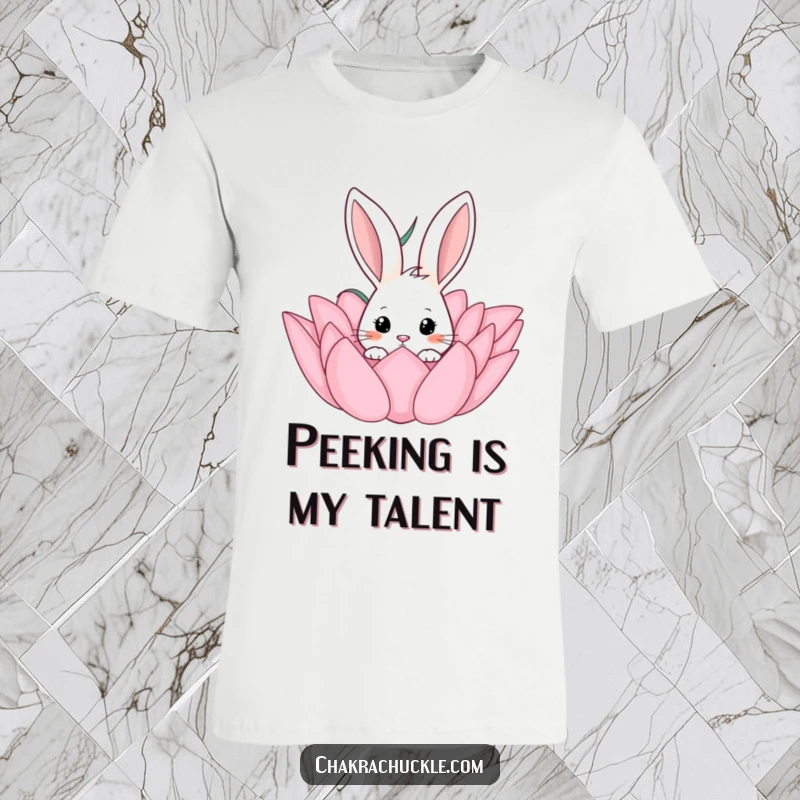Funny t-shirt print of a curious rabbit emerging from a vibrant lotus flower, highlighting its innocent and playful demeanor.