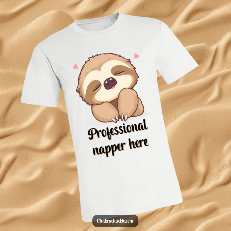 Funny T-Shirt with a sleepy sloth performing a gentle neck roll and sighing contentedly, radiating relaxed humor.
