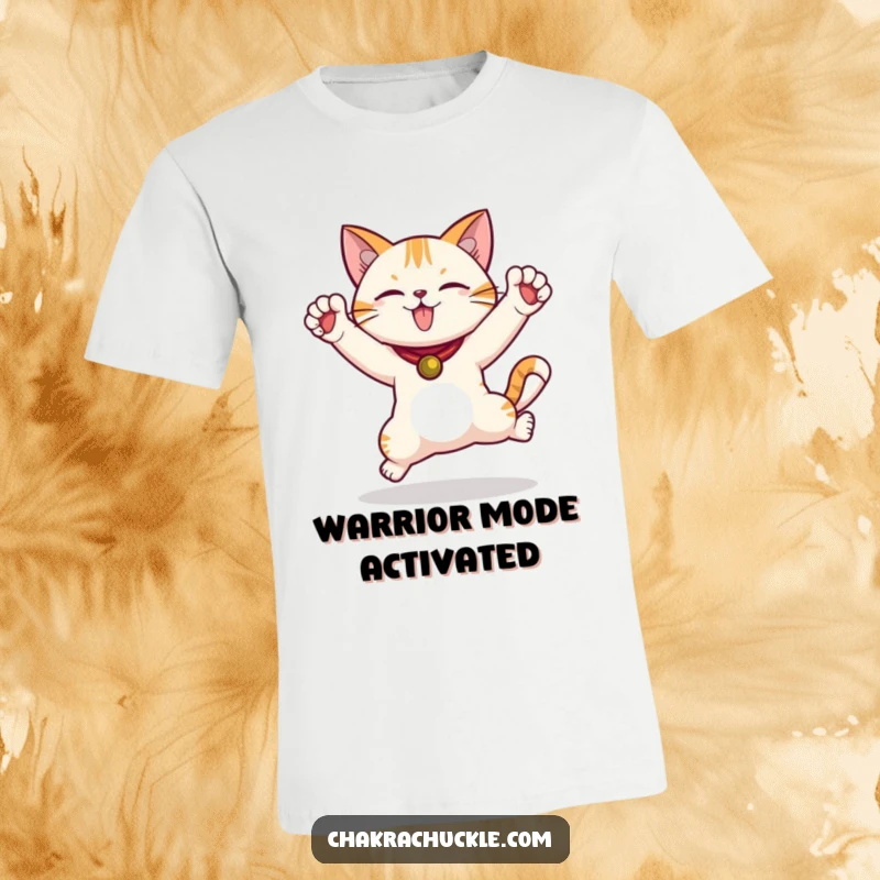 Funny Warrior Cat T-Shirt featuring an excited cat mid-jump in a warrior pose, paws reaching upwards with pure glee.