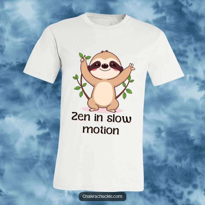 Funny sloth t-shirt, character in tree pose yoga, focused expression, yoga humor, unique gift.
