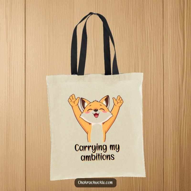 Funny Fox Yoga Tote Bag with a happy fox stretching its arms up, ideal for carrying essentials with a touch of humor.