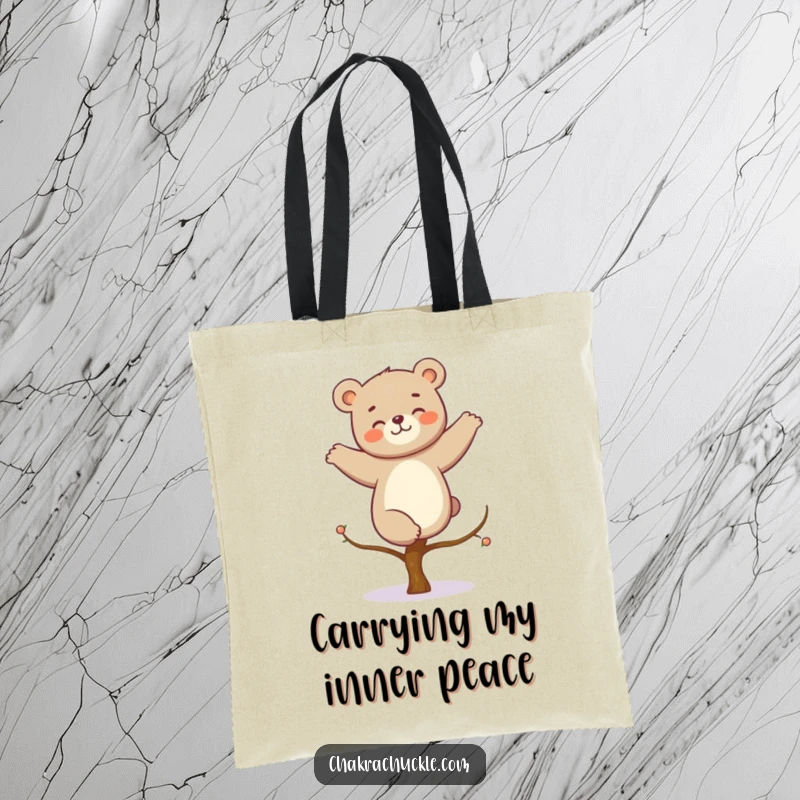 Funny kawaii bear tote bag, depicting a giggling bear in a perfect tree pose, ready for errands and laughter.