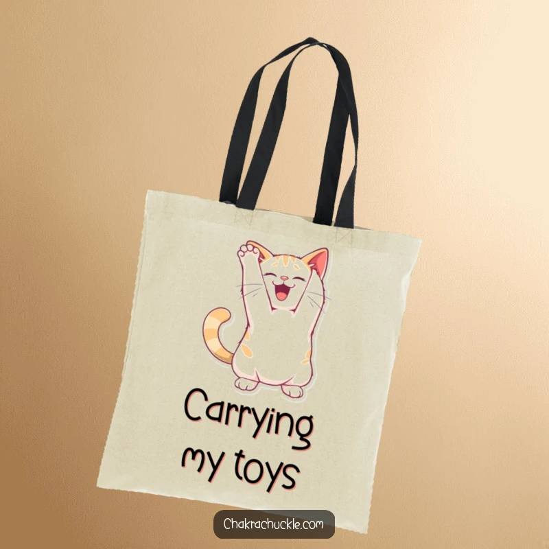 Funny joyful cat tote bag character stretching its back in a playful arch pose, a practical and humorous accessory.