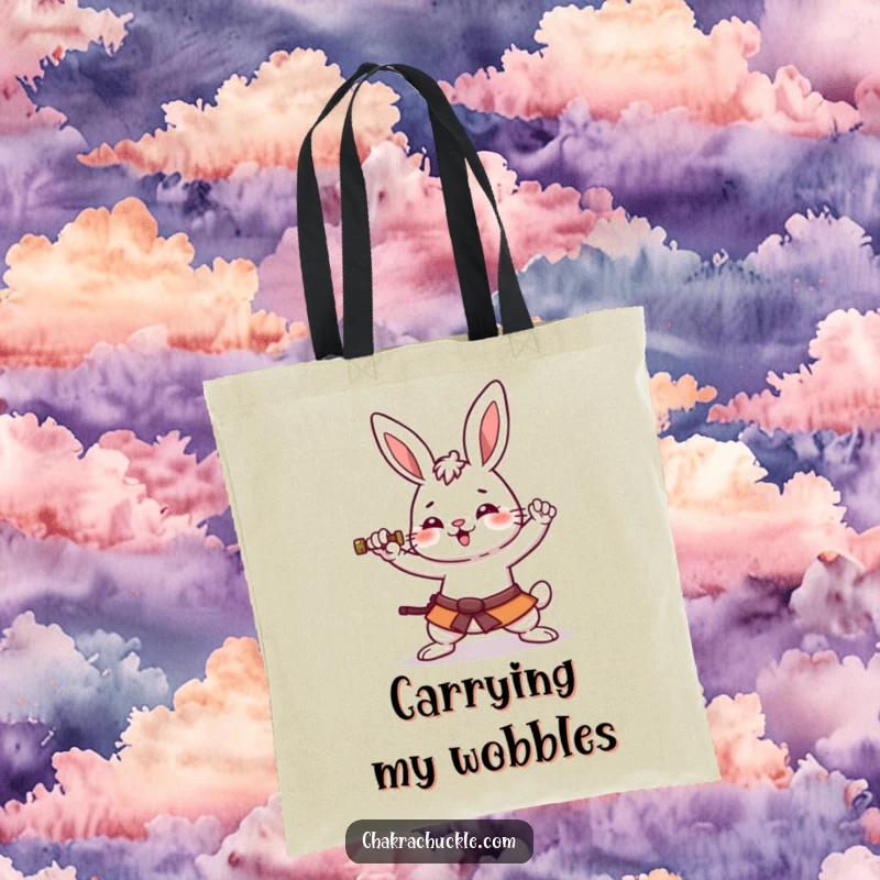 Funny kawaii rabbit tote bag depicting an amused bunny in a hilarious, wobbly warrior yoga pose, ready for adventure.