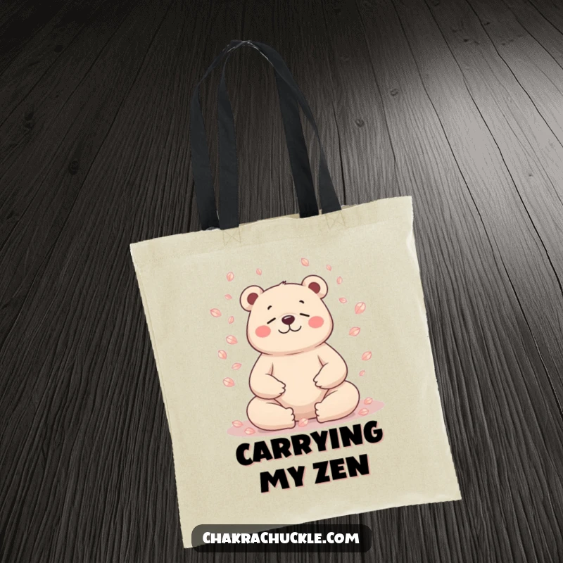 Funny bear tote bag, character meditating, petals falling, serene accessory, lovely gift.