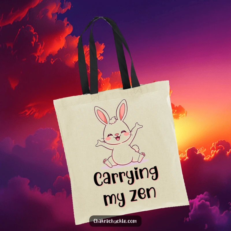 Funny Kawaii Bunny Yoga Tote Bag with a cute bunny doing a downward dog, perfect for shopping or gym, a humorous gift.