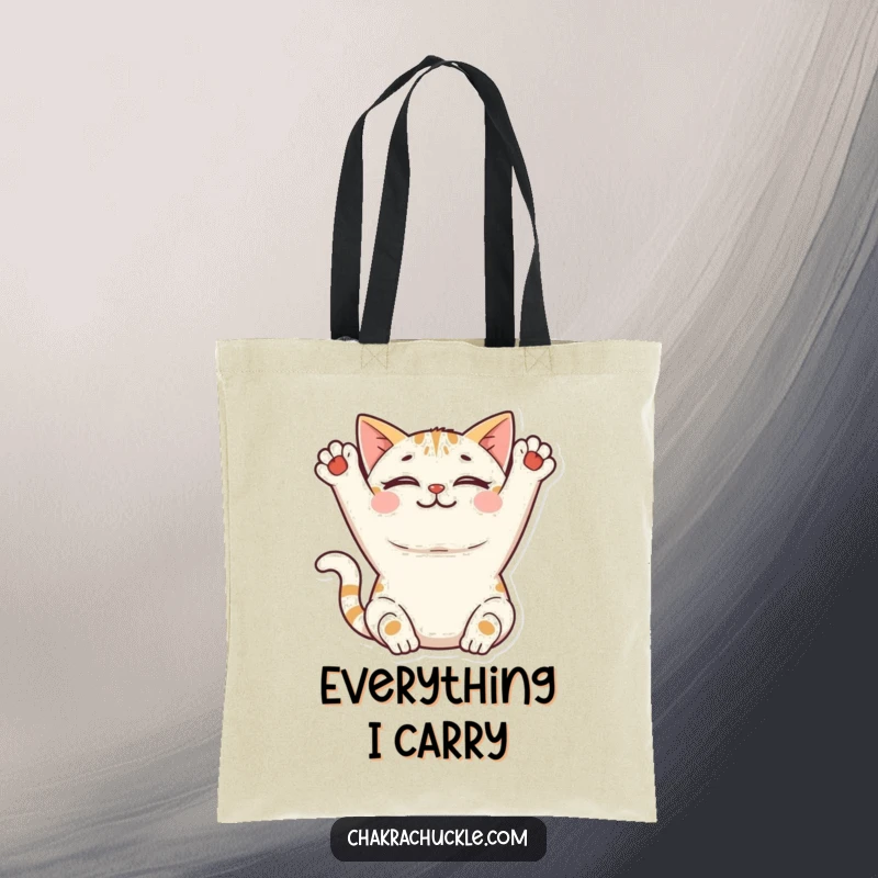Funny Cat Yoga Tote Bag: A smiling cat stretches its front paws upwards peacefully, ready to carry your belongings with charm.