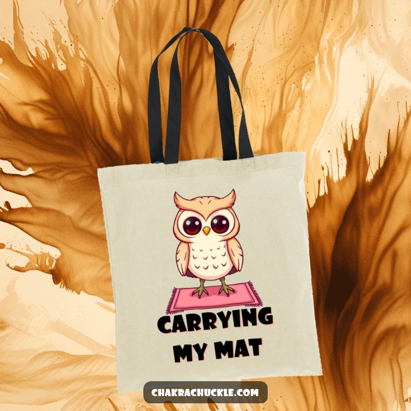 Funny curious owl tote bag character balancing on a tiny yoga mat, eyes wide open, a practical and humorous accessory.