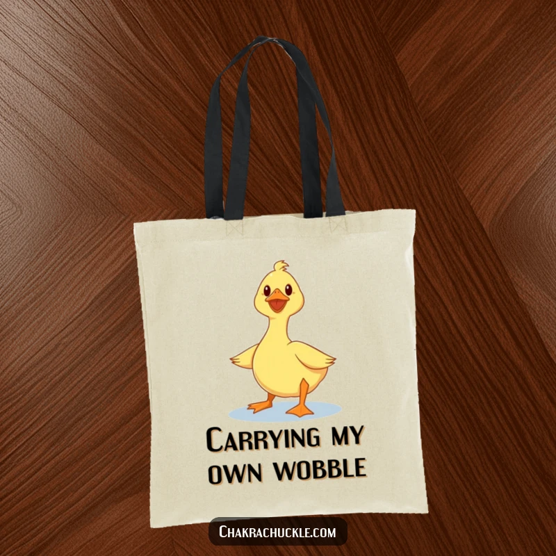 Funny duck tote bag featuring a wobbly duck attempting a lotus pose with humorous instability, great for daily use.