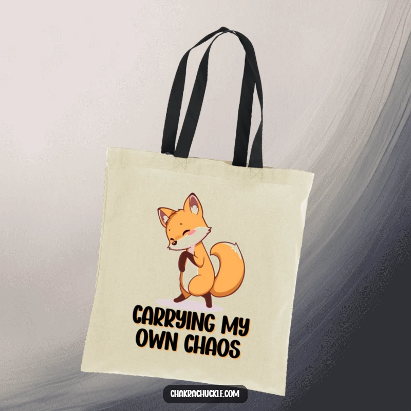 Funny fox tote bag with a curious fox playfully attempting a pretzel yoga pose, ideal for shopping and daily use.