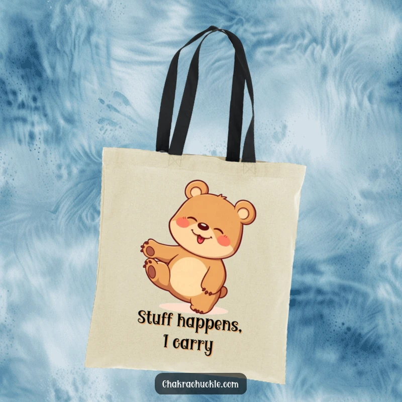 Funny tote bag depicting a bear giggling intensely while balancing on one paw in a humorous, playful twist.