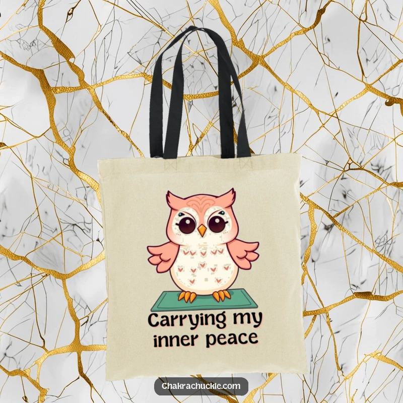 Funny tote bag featuring a giggling owl in a meditative pose, floating above a yoga mat, ideal for carrying daily items with humor.