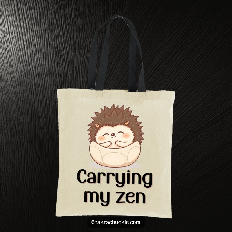 Funny Hedgehog Tote Bag with a hedgehog rolled into a peaceful ball, symbolizing zen.
