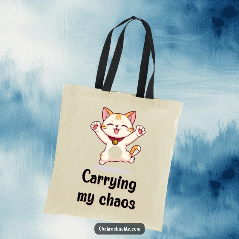 Funny Jumping Cat Tote Bag featuring a cat in a warrior pose, paws in the air, ready for adventures with a humorous touch.