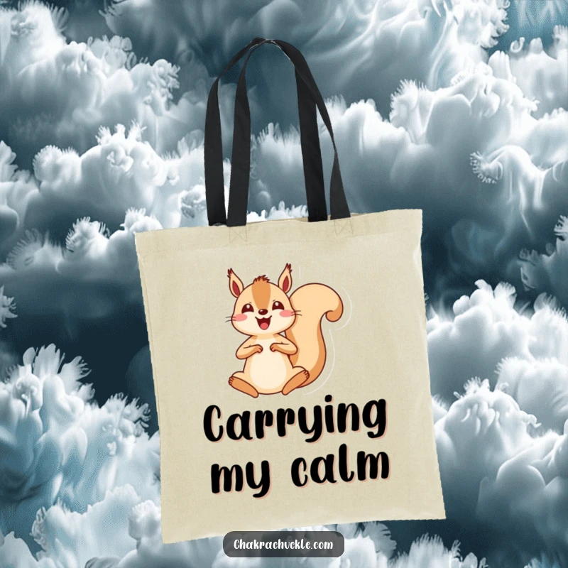 Funny kawaii squirrel tote bag, an energetic squirrel energetically jumping into a seated meditation pose, perfect for mindful outings.