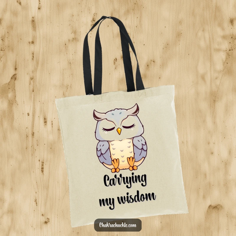 Funny kawaii owl tote bag featuring a contented owl meditating peacefully with eyes closed, perfect for a zen shopper.