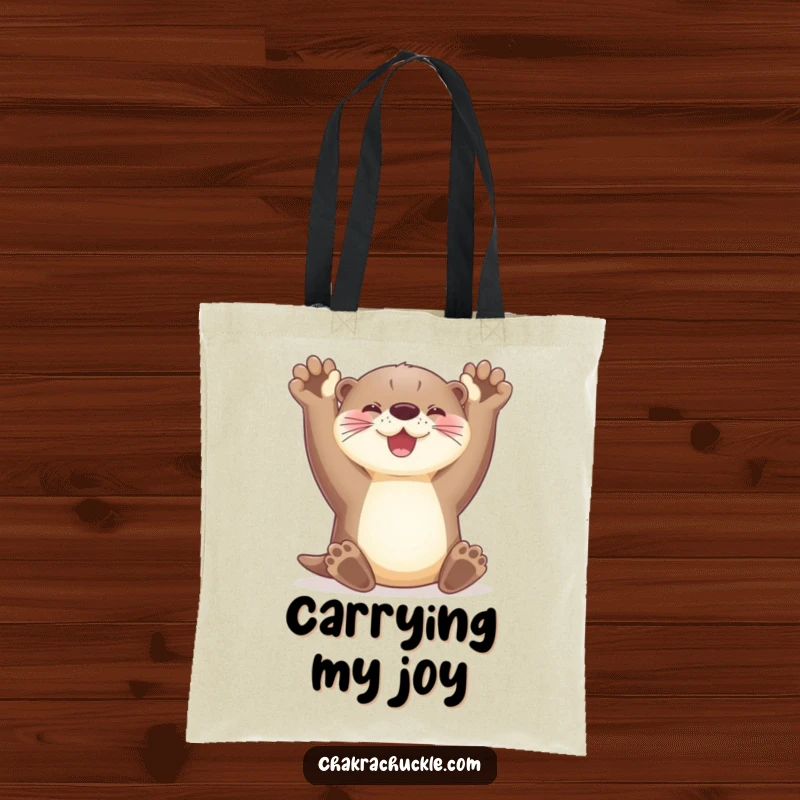 Funny otter tote bag stretching its paws upwards with a radiant smile, making errands fun and humorous.