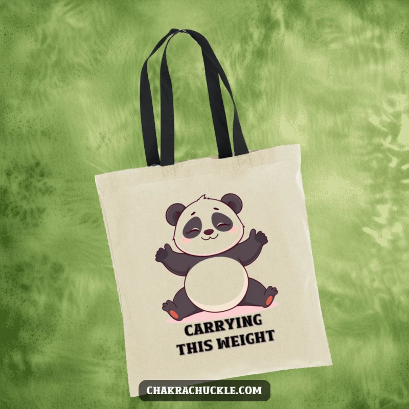 Funny Panda Yoga Tote Bag: Giggling panda attempting a difficult yoga pose, a humorous and practical accessory.